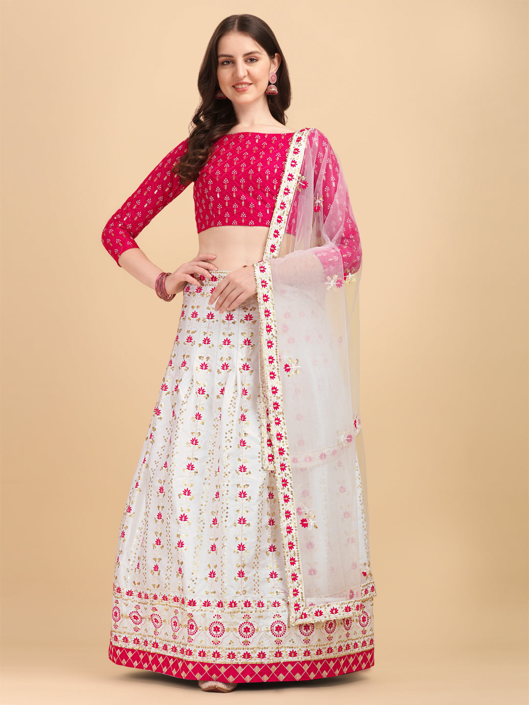 Outstanding Pink And White Work Lehenga Choli