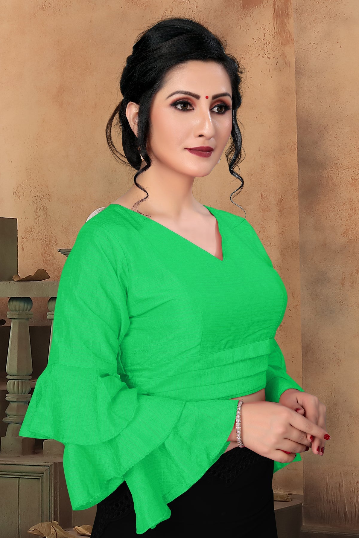 stylish Green color Plain V Neck Stitched Silk Blouse