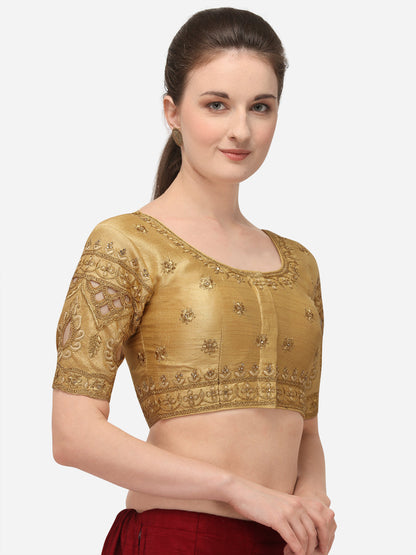 Beige Color Round Neck Embroidery Work Silk Blouse