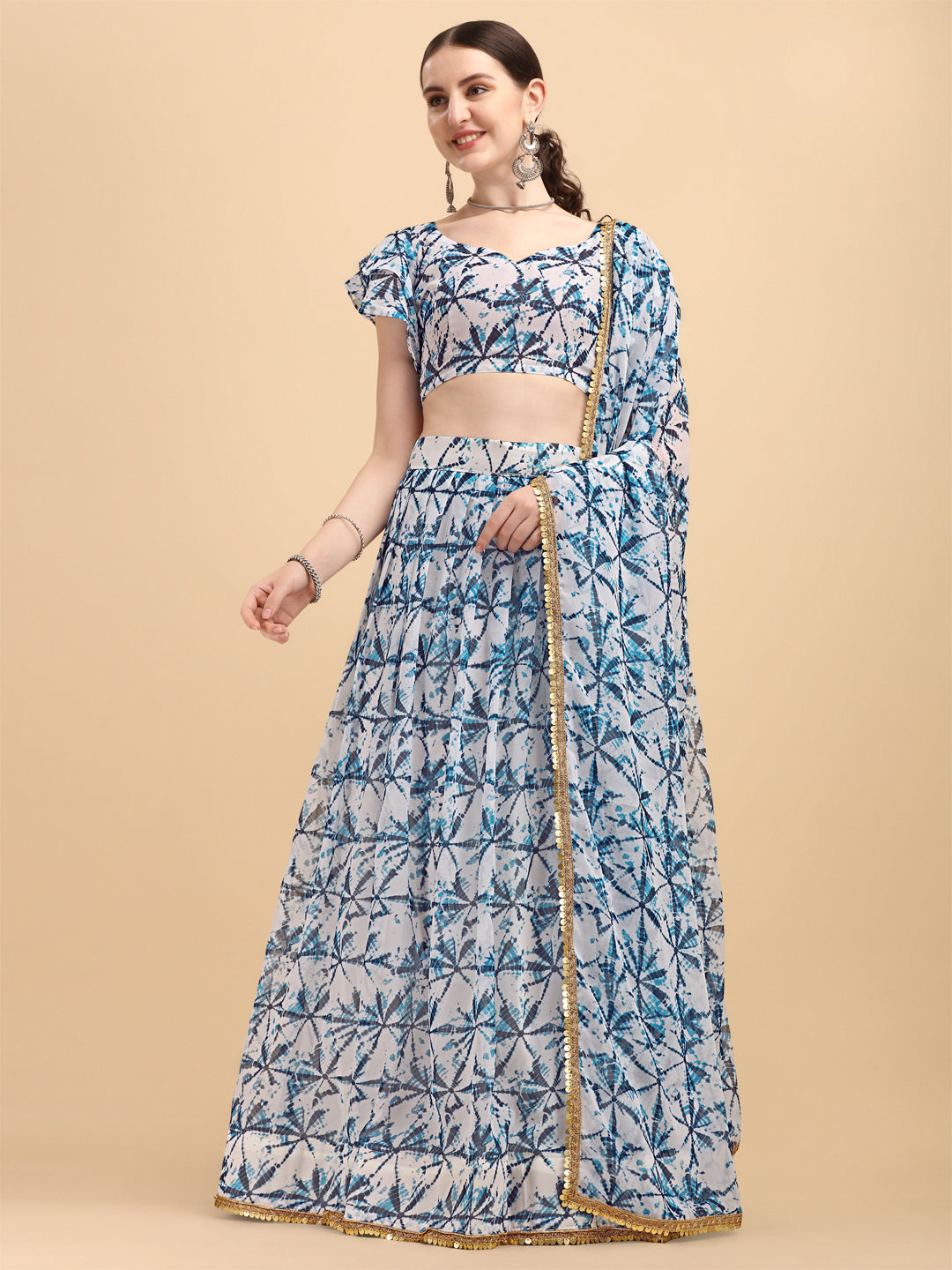 Shibori Print White With Blue Color Beautiful Lehenga Choli