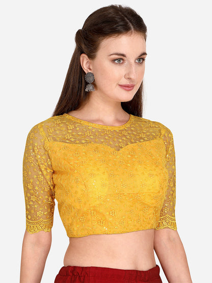 Stylish Yellow Color Embroidered & Sequence Work Net Blouse