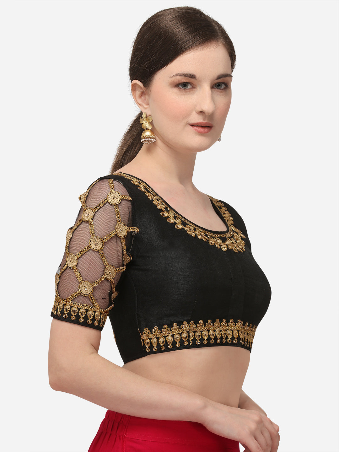 Black & Gold Color Embroidered Phantom Silk Blouse