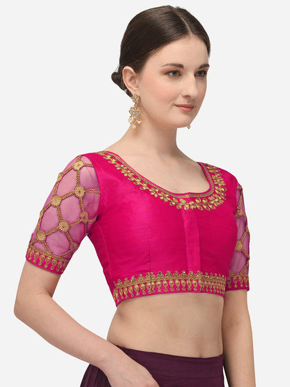 Pink & Gold Color Embroidered Phantom Silk Blouse