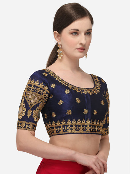 Navy Blue Color Round Neck Embroidery Work Silk Blouse