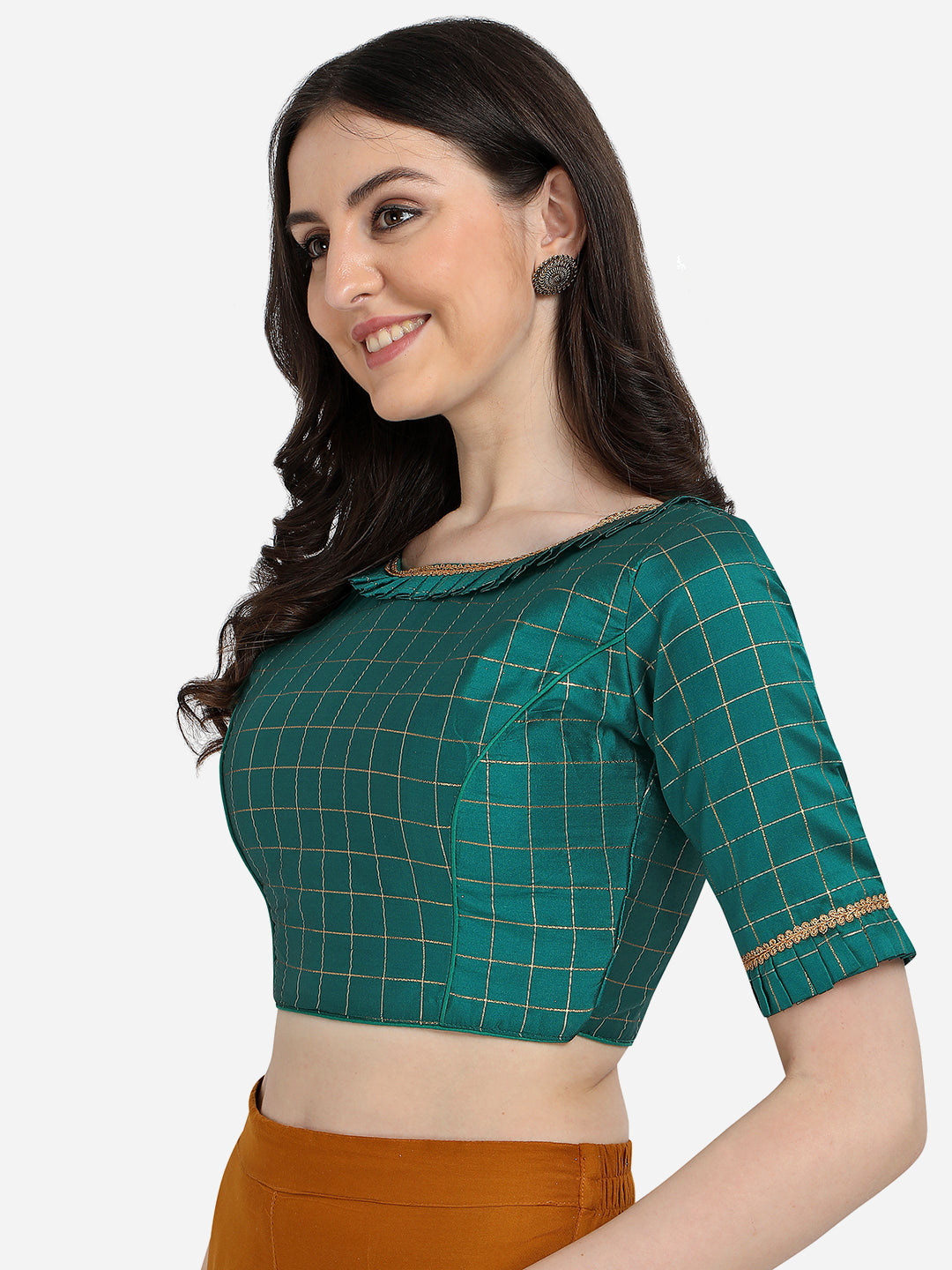 Trendy Green Color Jacquard Work Checkered Pattern Blouse