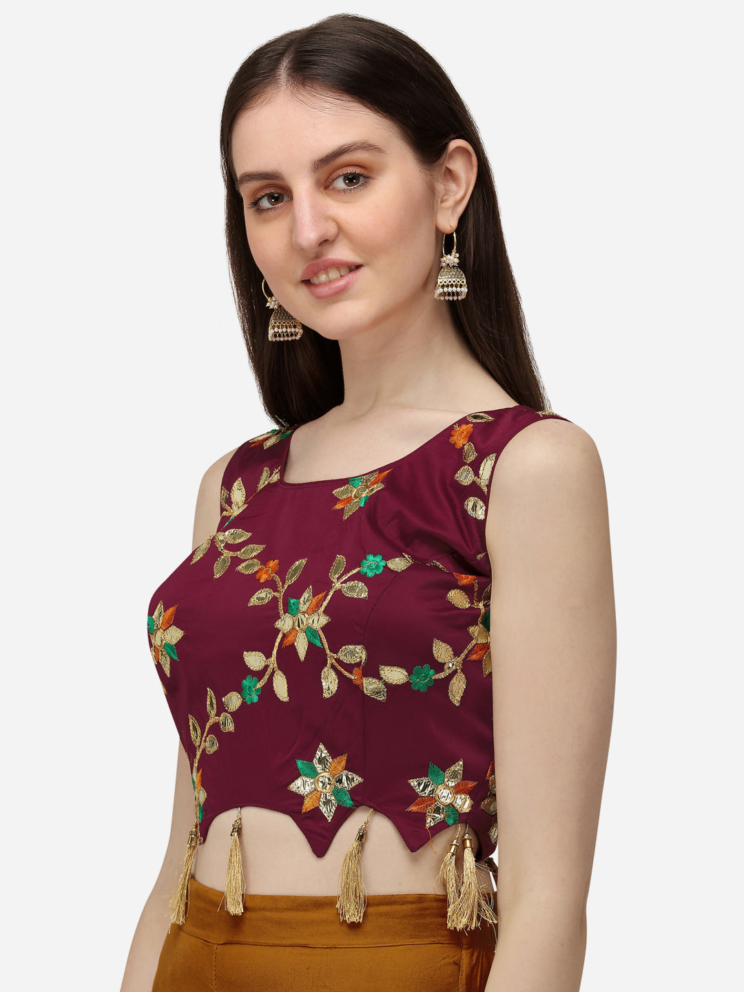 Maroon Color Embroidered Sleeveless Blouse