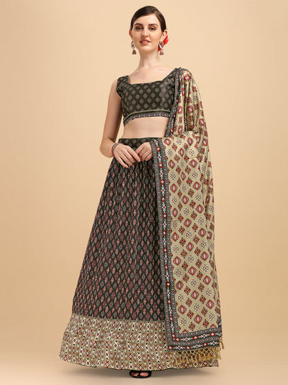 Digital Printed Black & Cream Color Crushed Lehenga Choli