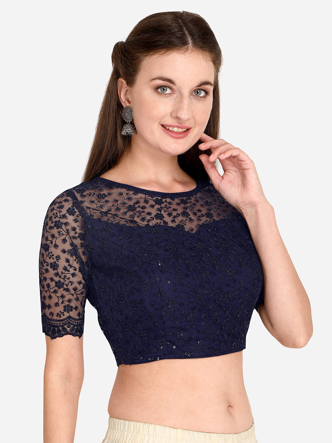 Stylish Navy Blue Color Embroidered & Sequence Work Net Blouse