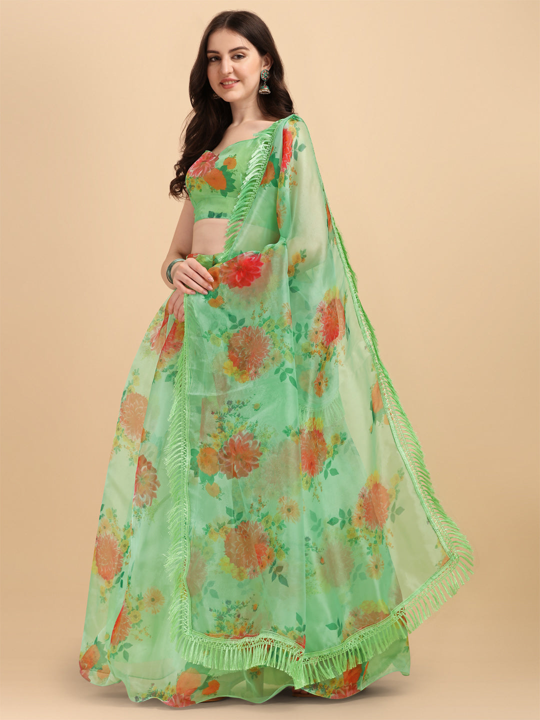 Green Color Beautiful Printed Organza Lehenga Choli