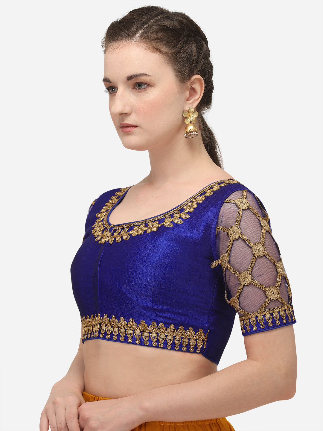 Blue & Gold Color Embroidered Phantom Silk Blouse