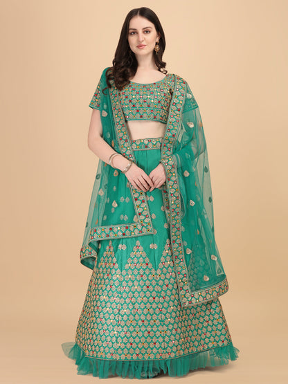 Mirror Embroidery Work Green Color Lehenga Choli