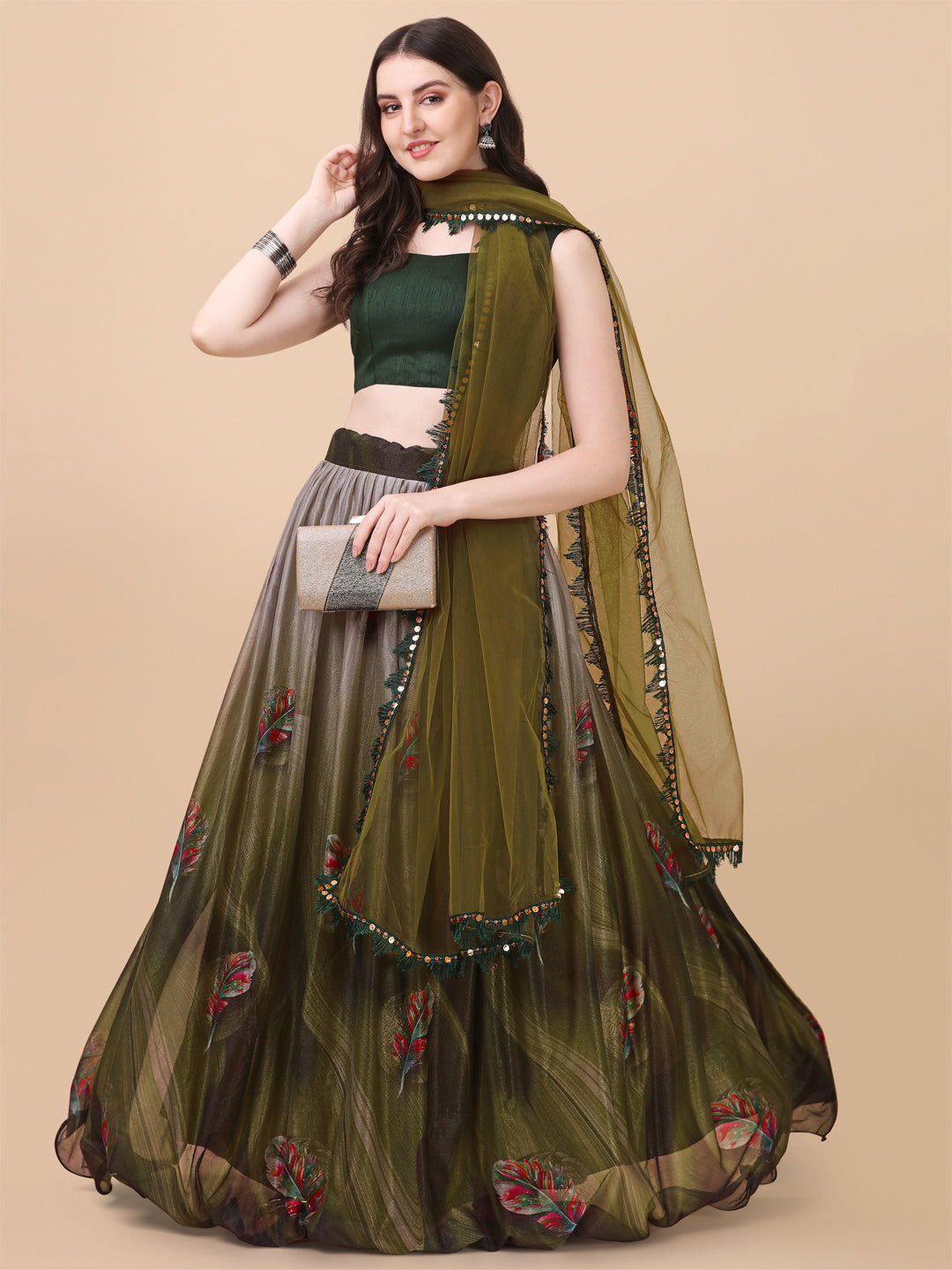 Stunning Green Color Printed Lycra Lehenga Choli