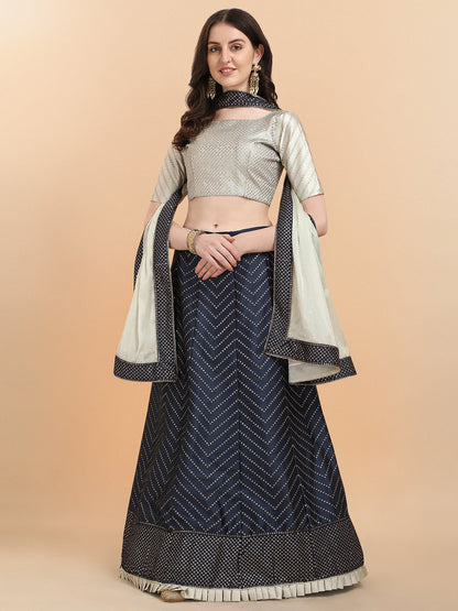 Party Wear Navy Blue Color Sequence Work Satin Silk Lehenga Choli