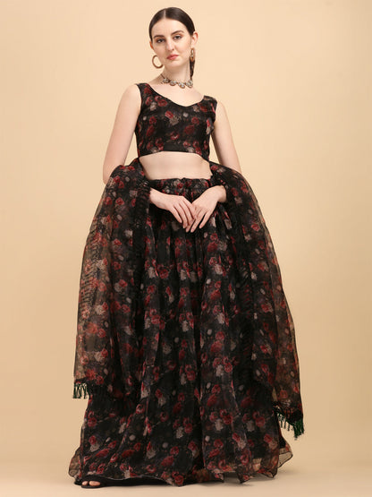 Awesome Printed Black Color Organza Lehenga Choli