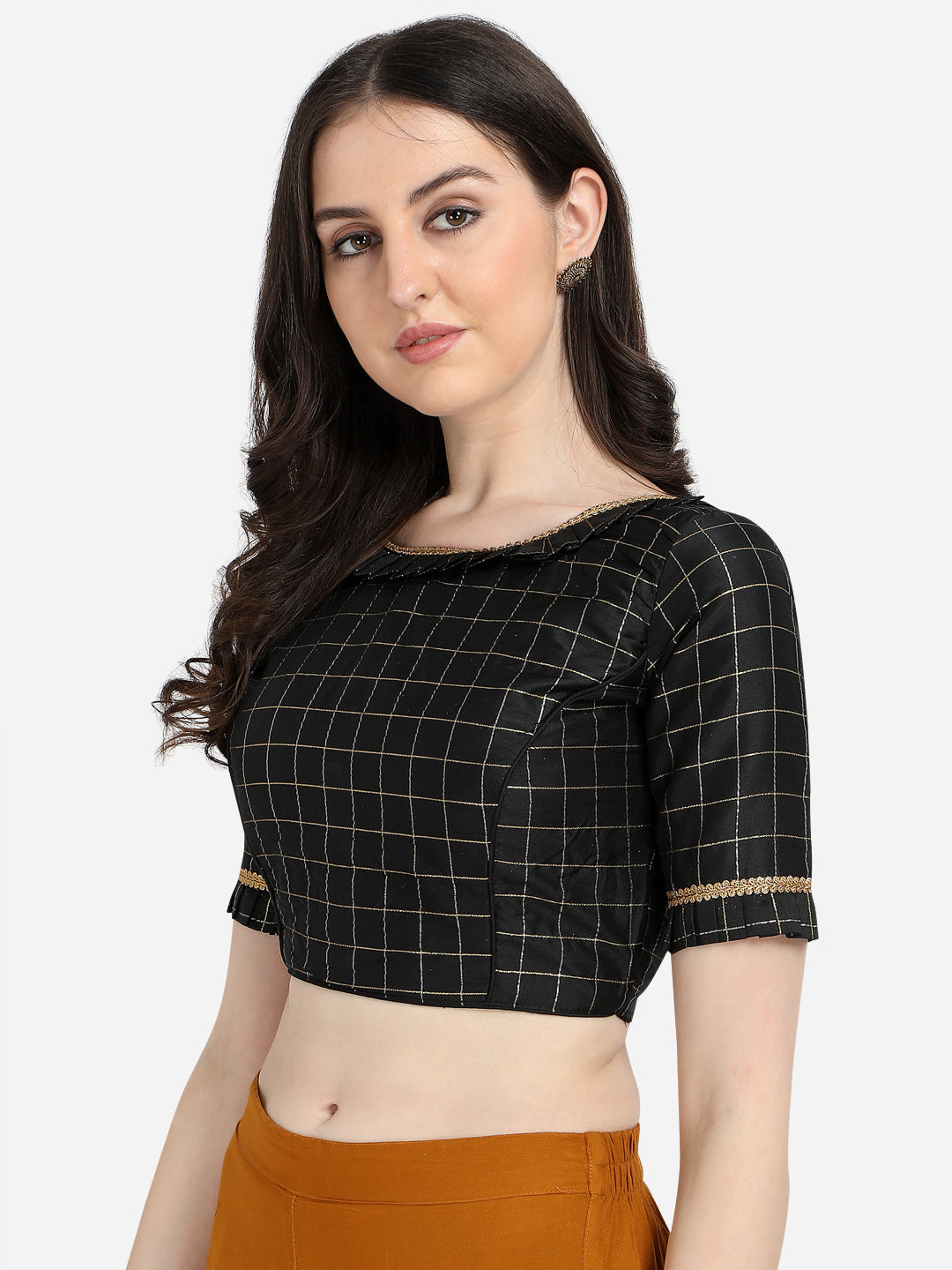 Trendy Black Color Jacquard Work Checkered Pattern Blouse