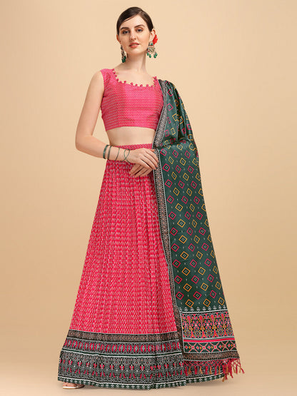 Digital Printed Pink & Dark Green Color Crushed Lehenga Choli