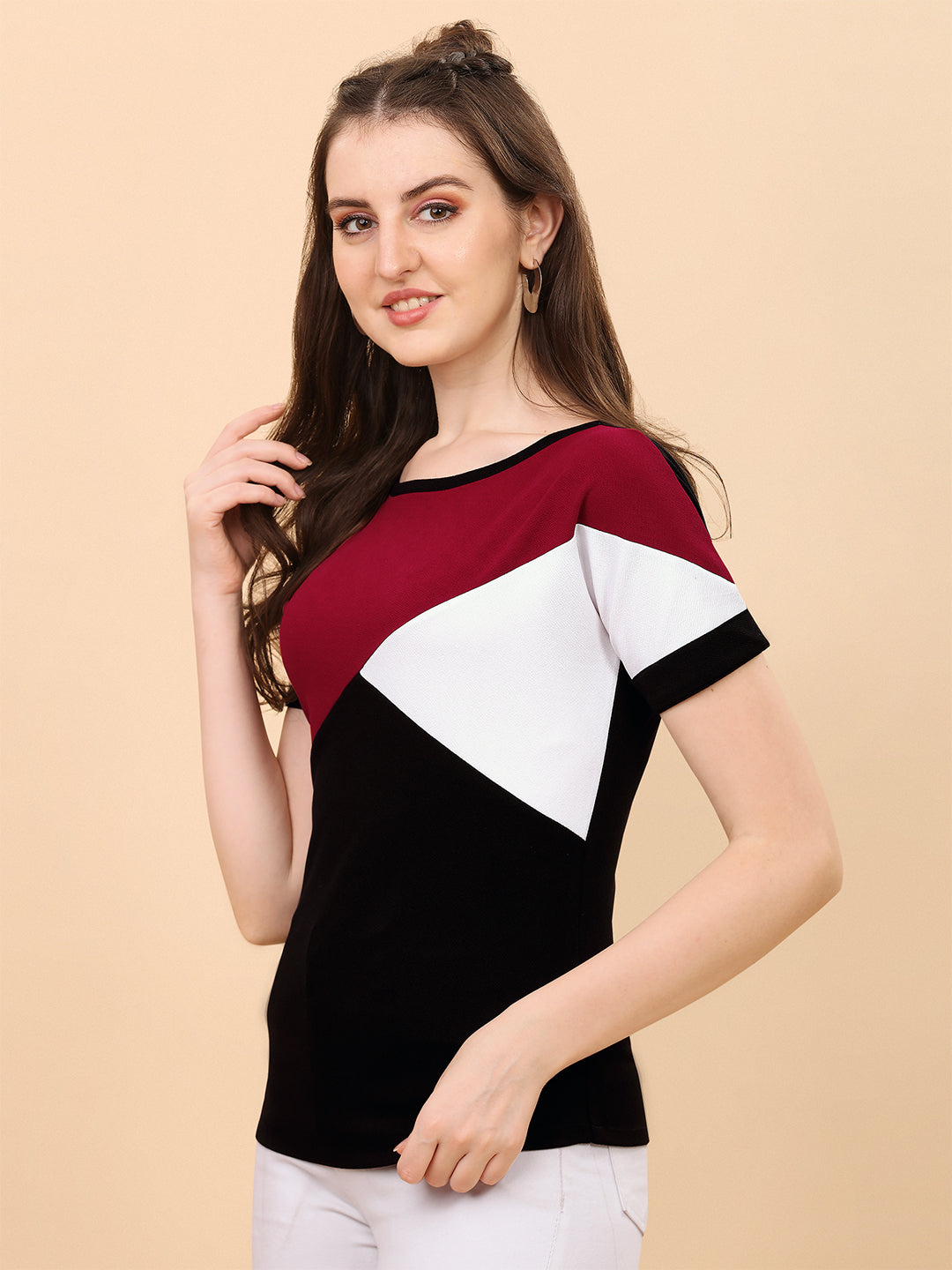 Round Neck Black And Maroon Regular Fit Top