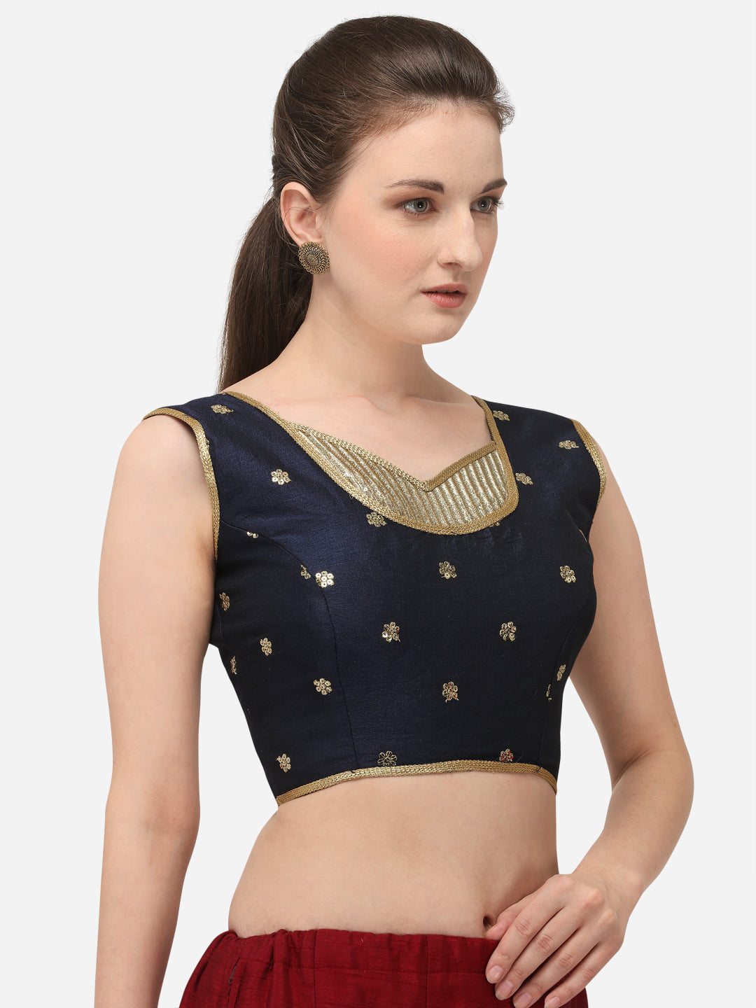 Designer Navy Blue Color Embroidery Work Silk Blouse