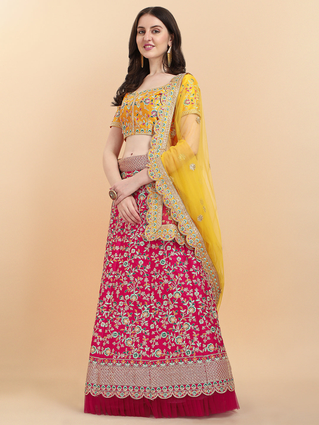 Presenting Pink And Yellow Color Embroidered Work Lehenga Choli