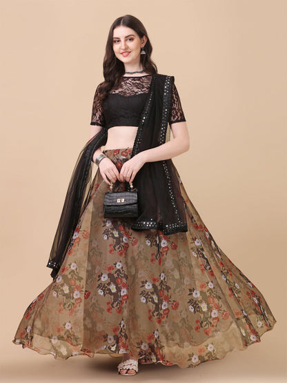 Flower Printed Brown Color Organza Lehenga Choli