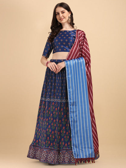 Digital Printed Navy Blue Color Crushed Lehenga Choli