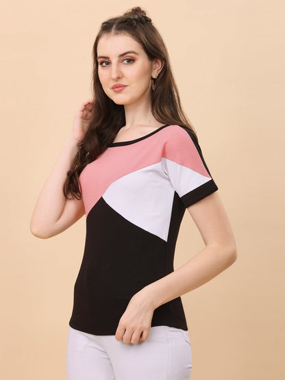 Round Neck Black And Peach Regular Fit Top
