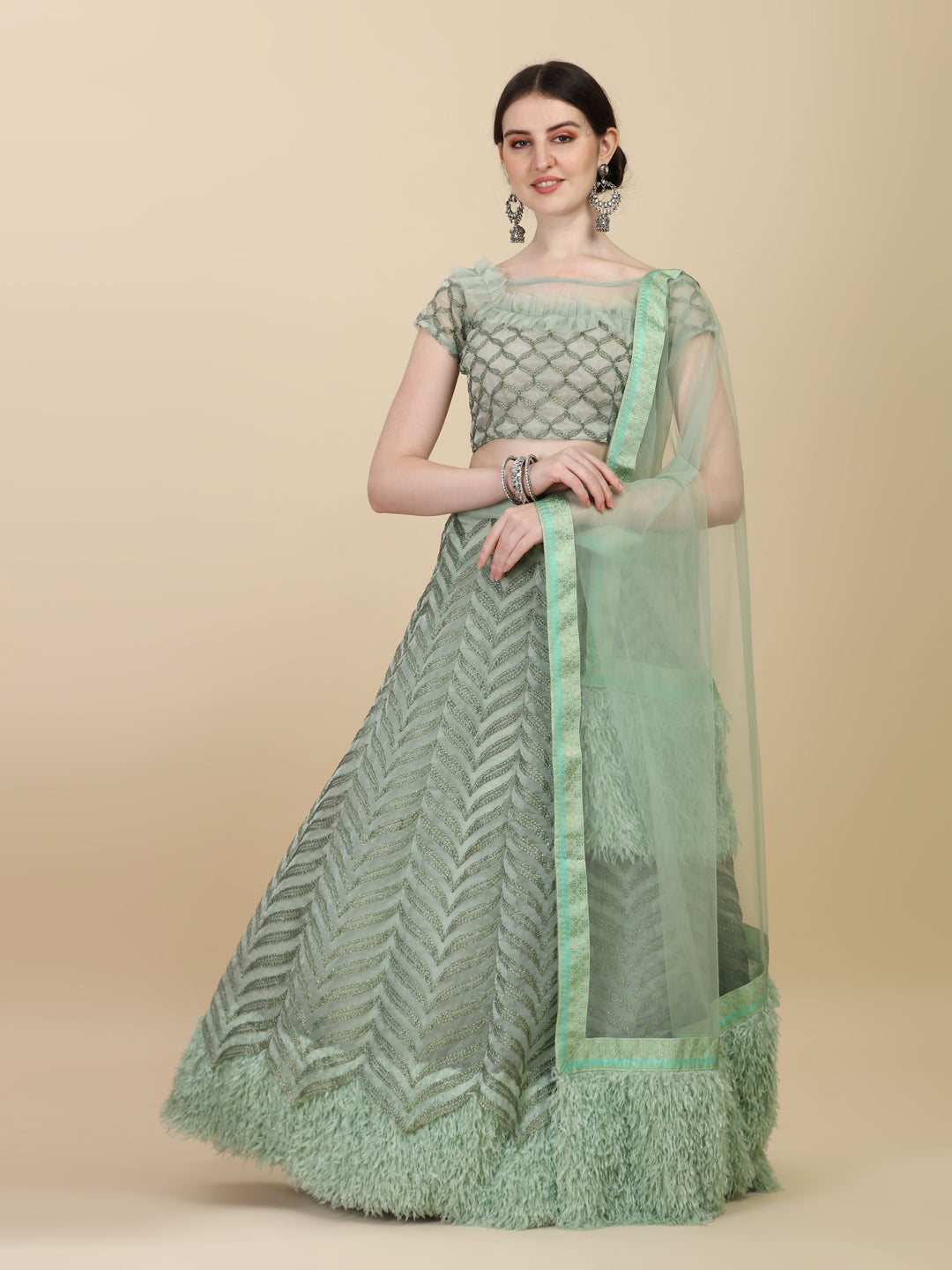 Buy FUSIONIC Pista Color Kalidar Lehenga Choli With Contrast Dupatta For  Women at Amazon.in