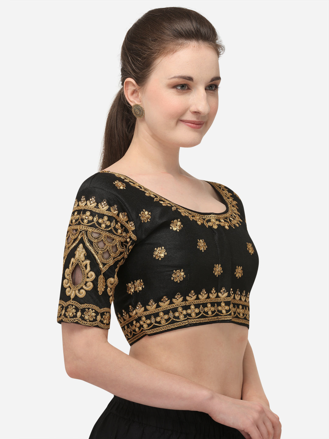 Black Color Round Neck Embroidery Work Silk Blouse