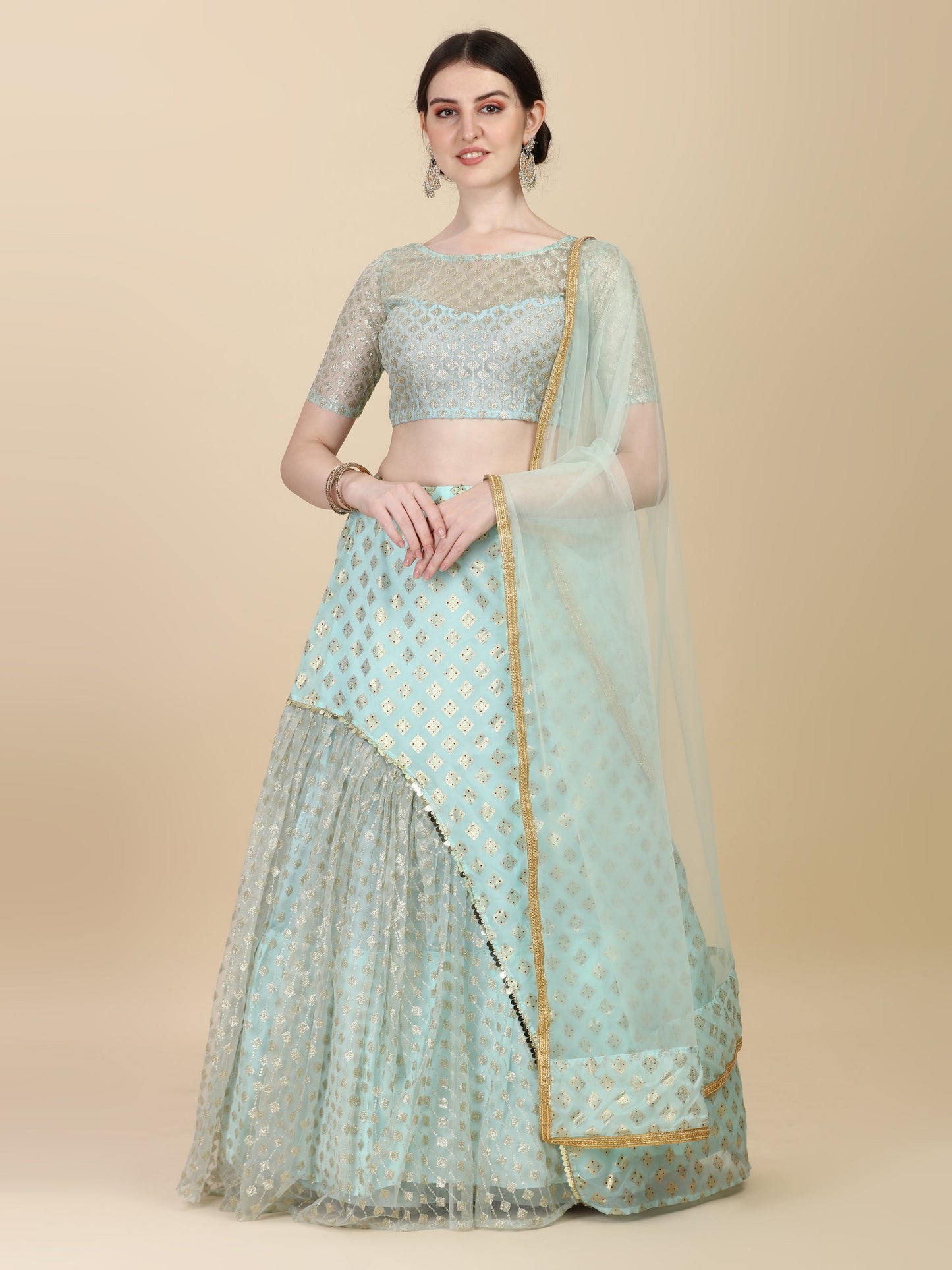 Unique Sky Blue Color Satin With Net Lehenga Choli