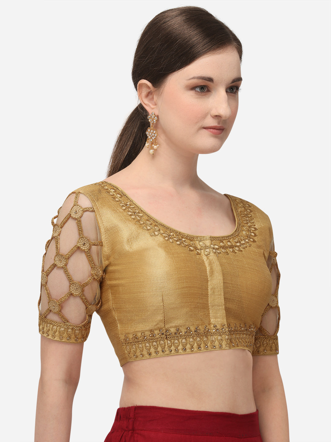 Beige & Gold-Coloured Embroidered Phantom Silk Blouse