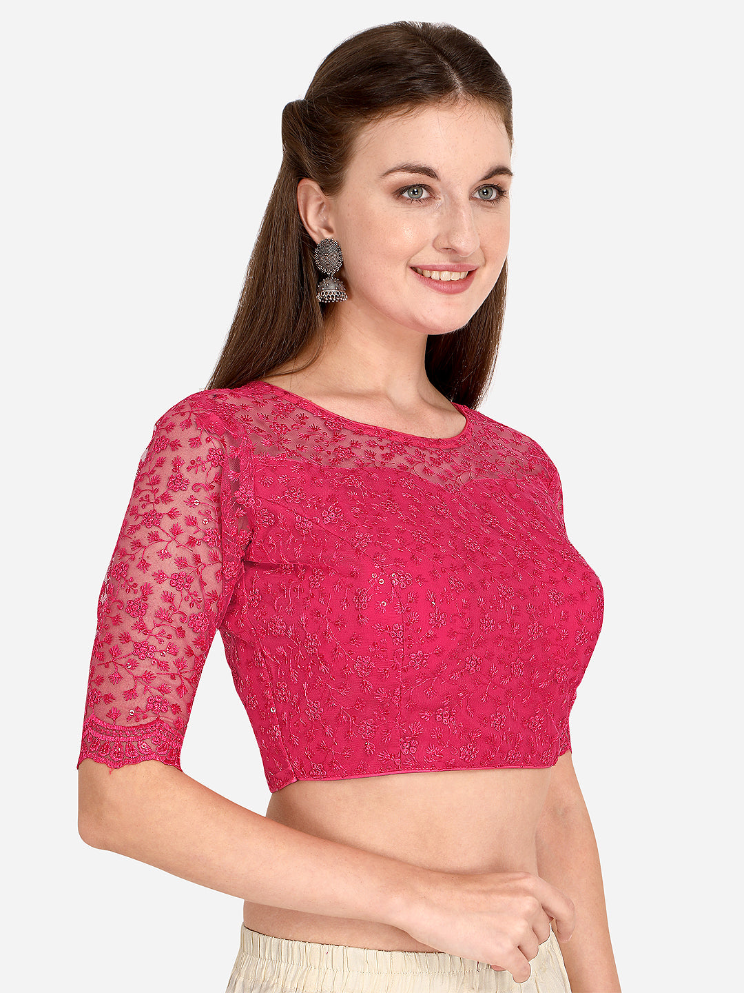 Stylish Pink Color Embroidered & Sequence Work Net Blouse