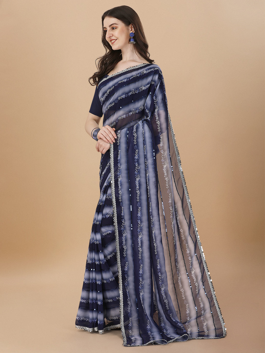 Superhit Sequence Embroidered Printed Navy Blue Saree