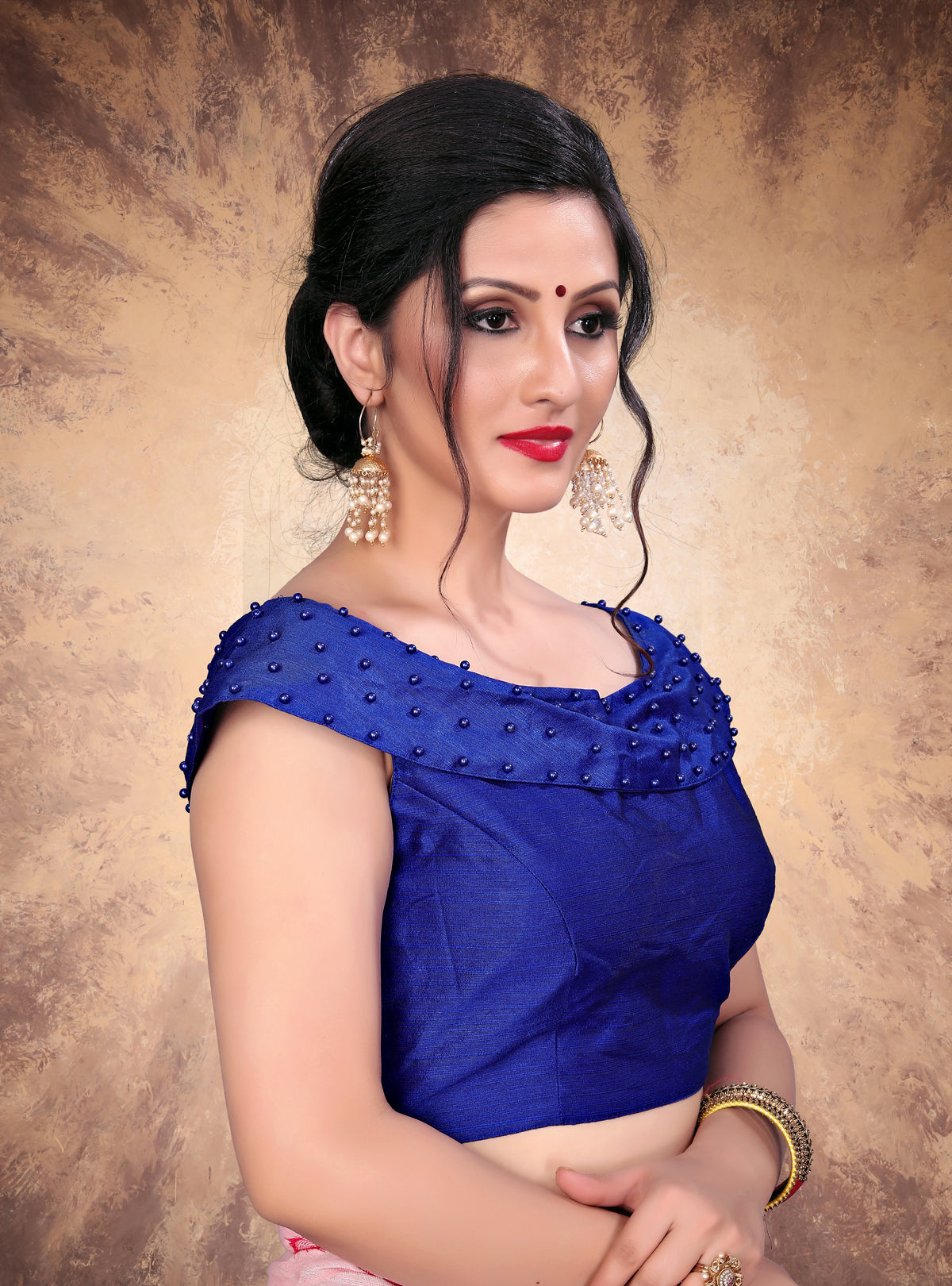 Trendy Blue Moti Work Stitched Malabari Silk Blouse