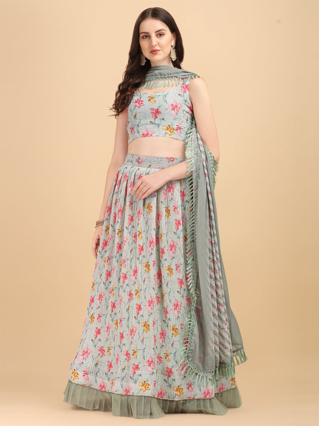 Stunning Pista Color Sequence Work Crushed Lehenga Choli