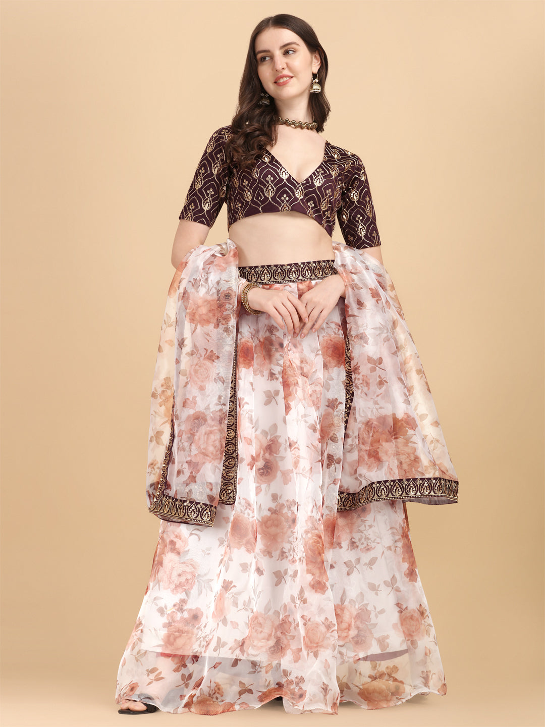 Organza White & Coffe Color Printed Lehenga Choli