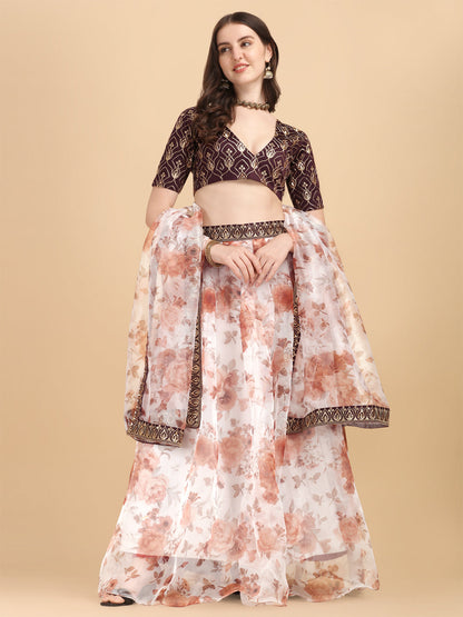 Organza White & Coffe Color Printed Lehenga Choli