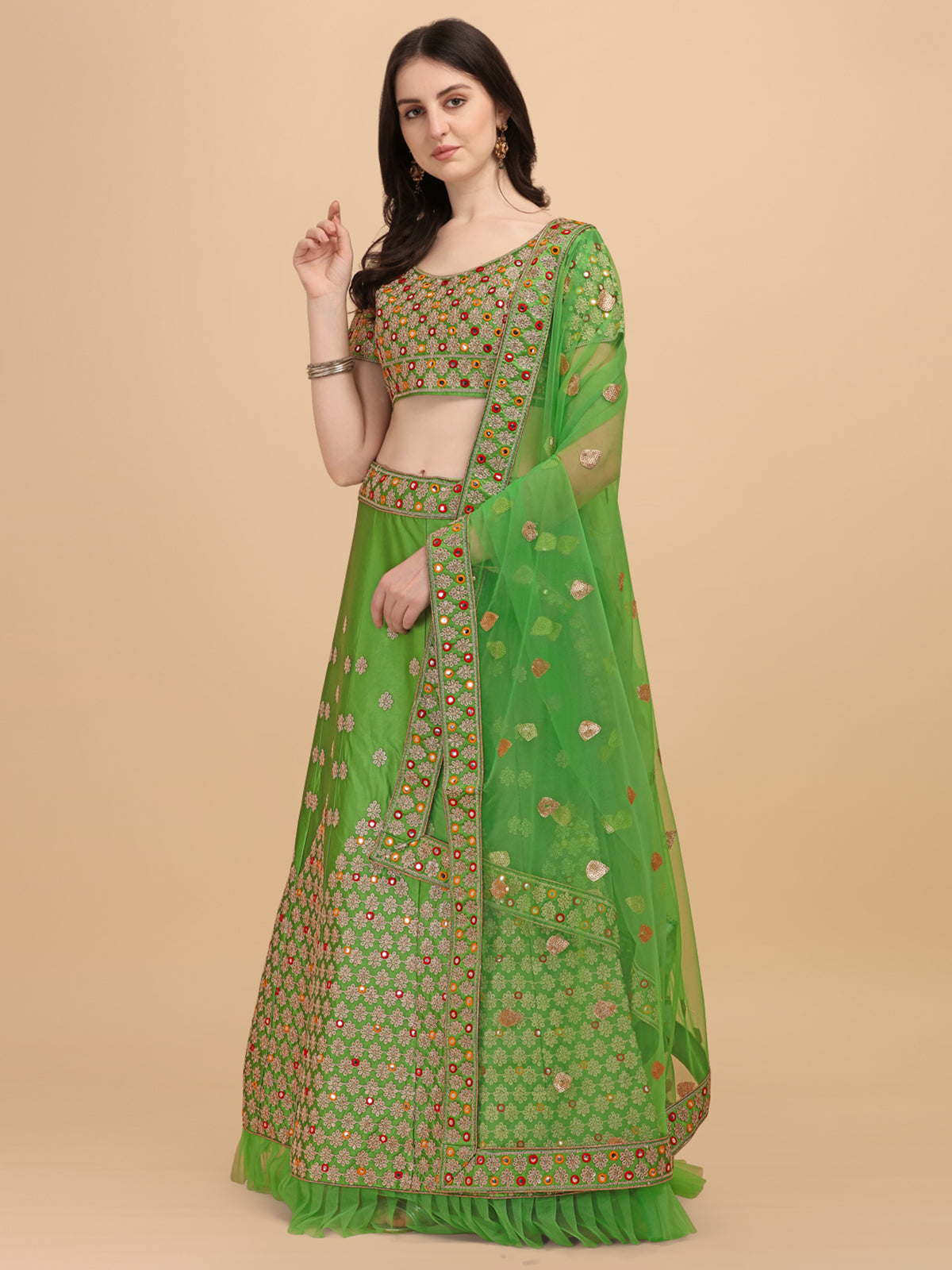 Mirror Embroidery Work Light Green Color Lehenga Choli