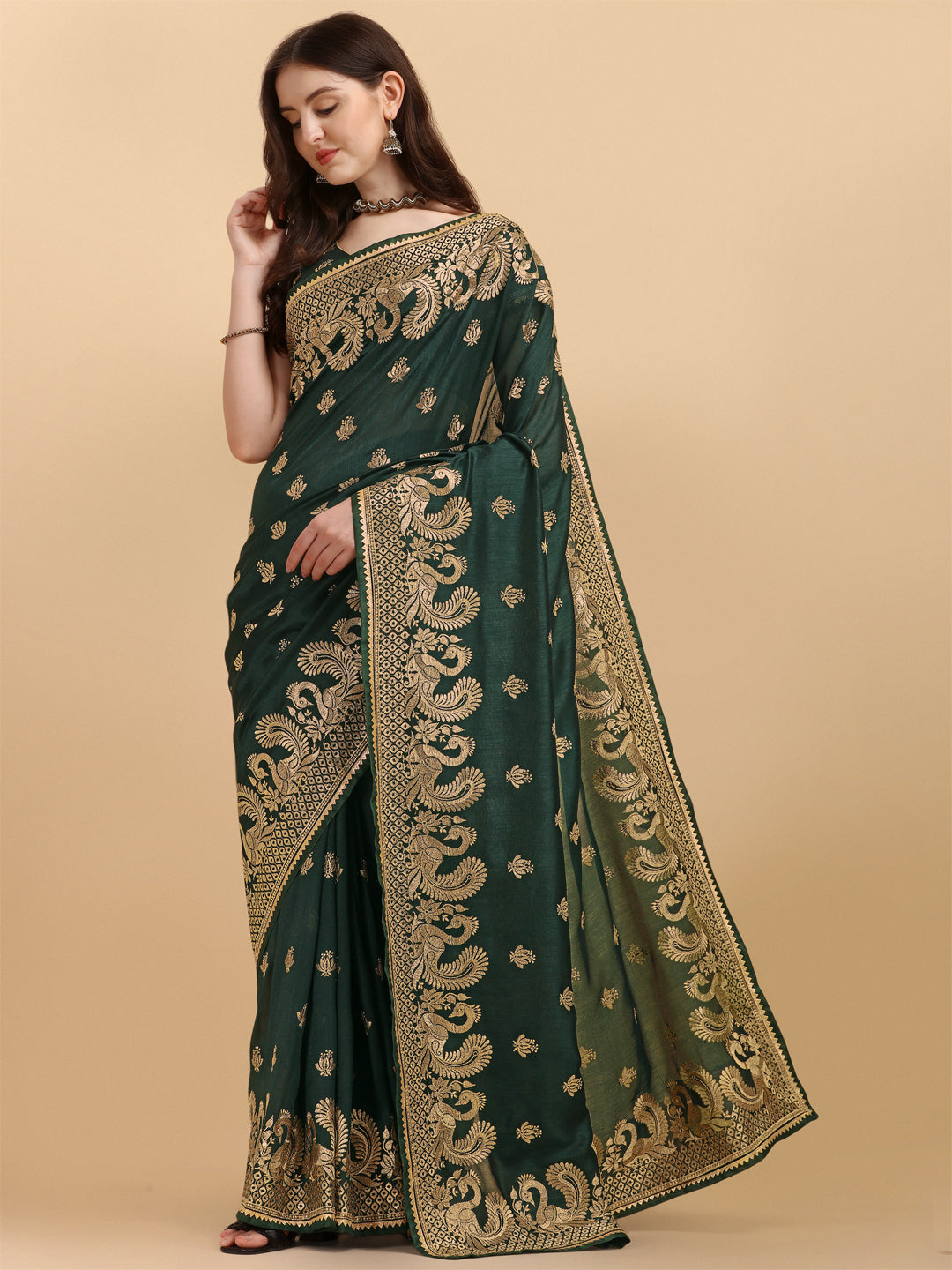 Attractive Bottle Green Color Embroidered Saree