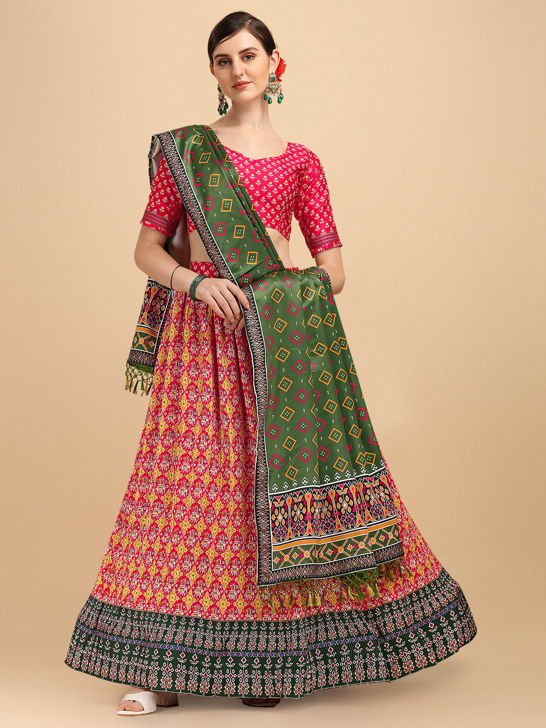 Digital Printed Pink & Olive Green Color Crushed Lehenga Choli