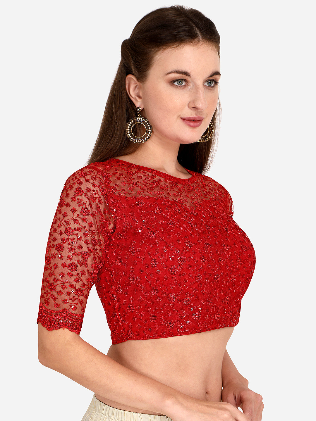 Stylish Red Color Embroidered & Sequence Work Net Blouse