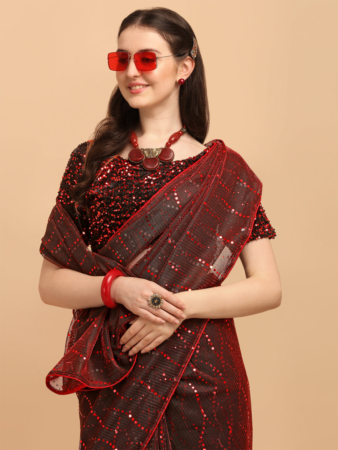 Red Color Net Saree With Sequences Blouse