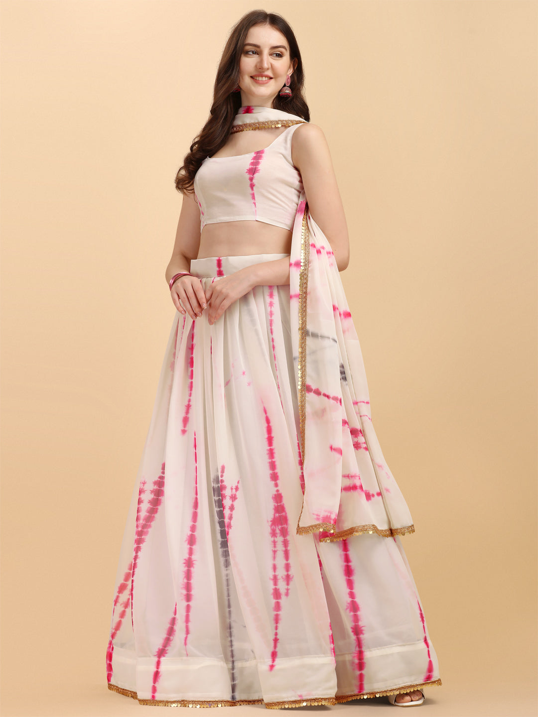 Beautiful Shibori Print White And Pink Color Lehenga Choli