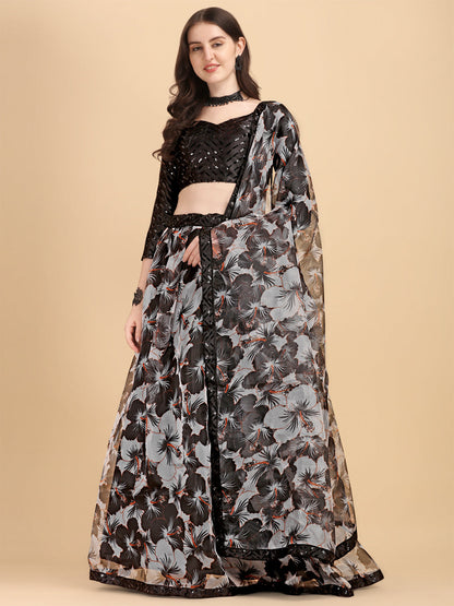 Black & White Color Printed Organza Stylish Lehenga Choli