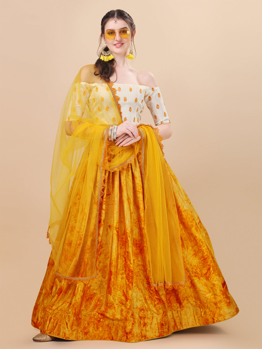 Trendy Digital Print Yellow Color Silk Lehenga Choli