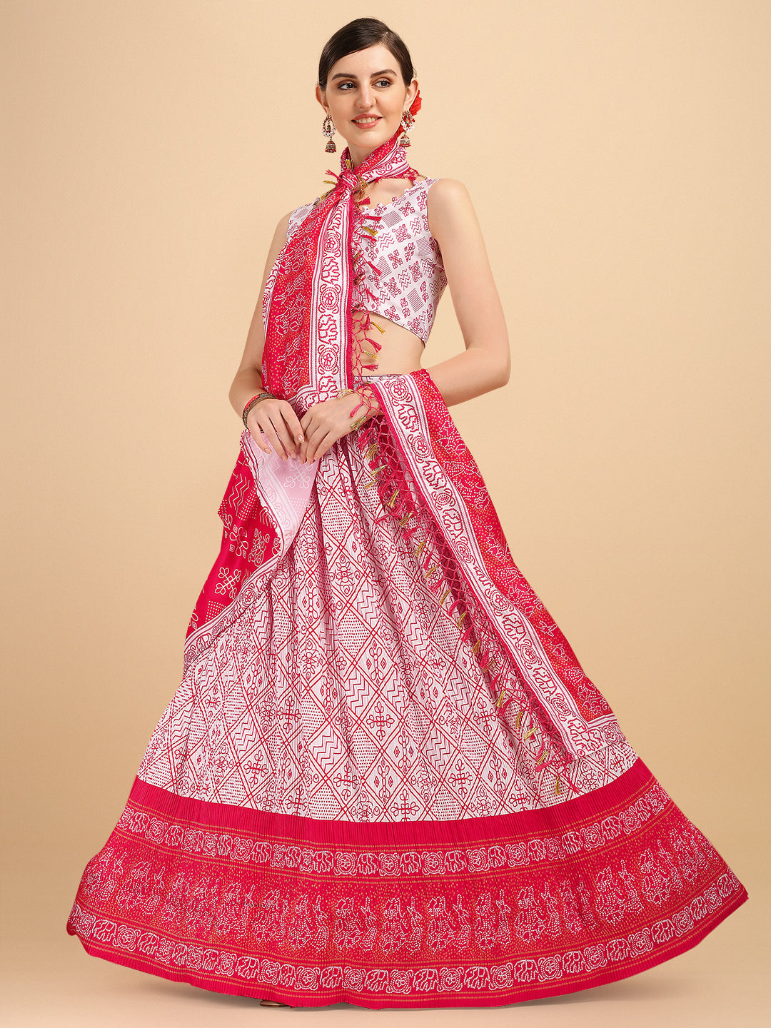 Digital Printed White & Pink Color Crushed Lehenga Choli