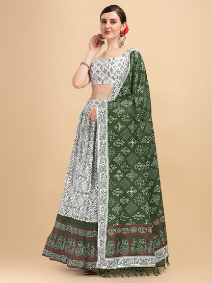 Digital Printed White & Green Color Crushed Lehenga Choli