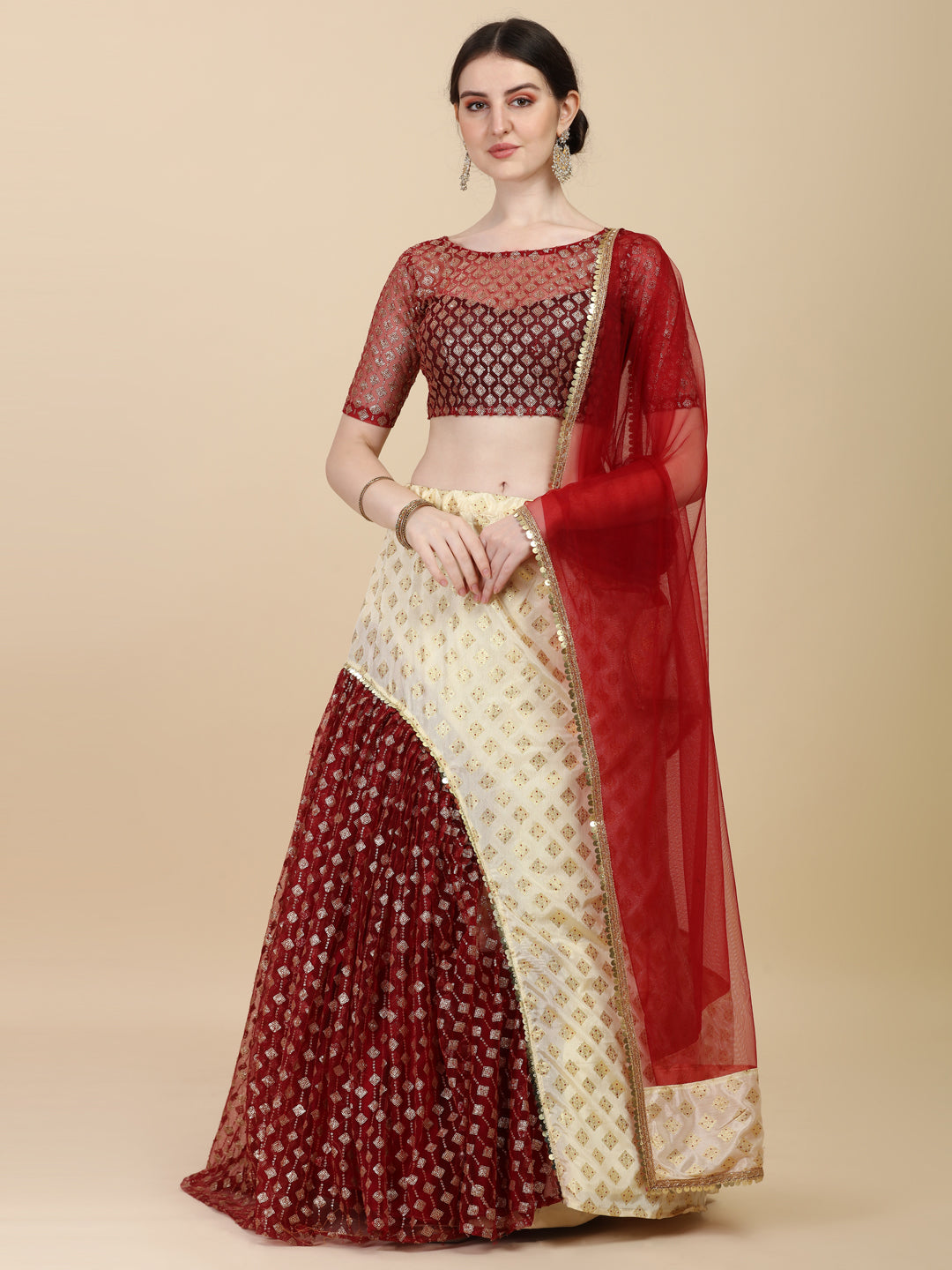 Unique Beige And Maroon Color Satin With Net Lehenga Choli