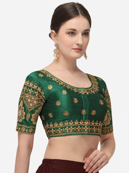 Green Color Round Neck Embroidery Work Silk Blouse