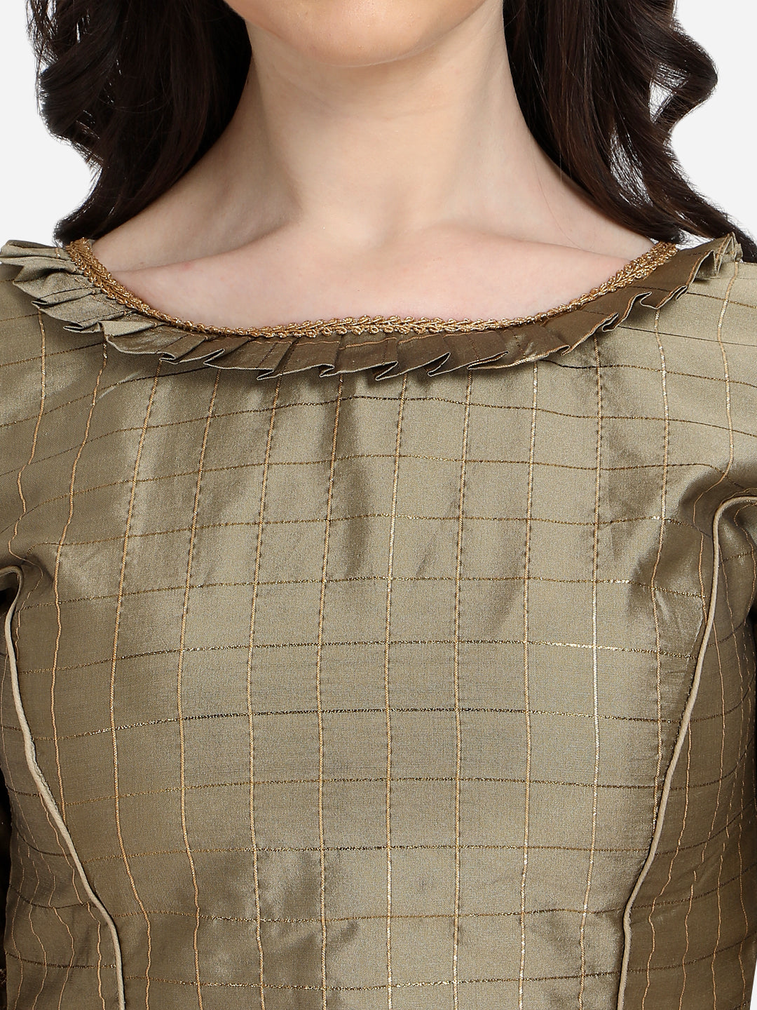 Trendy Golden Color Jacquard Work Checkered Pattern Blouse