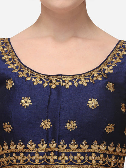 Navy Blue Color Round Neck Embroidery Work Silk Blouse